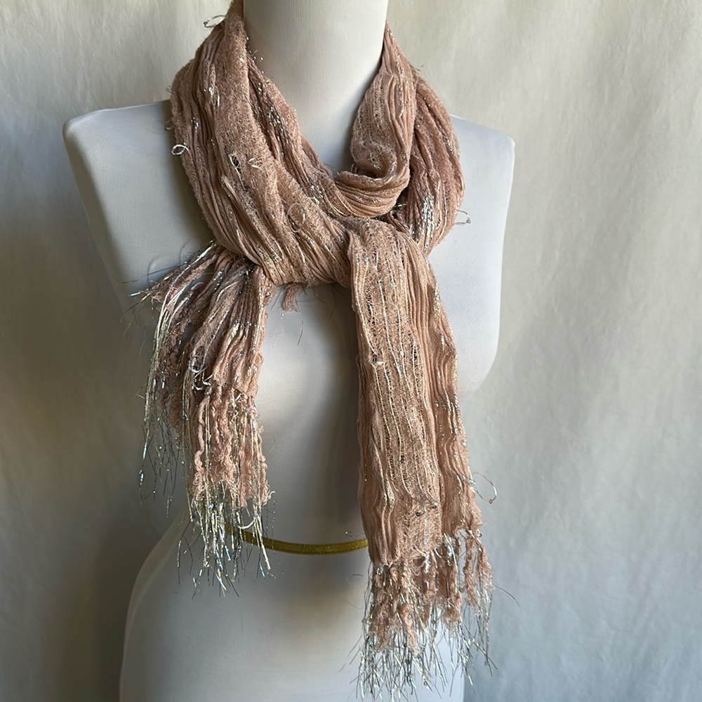 Salmon pink boho scarf with silver metallic thread